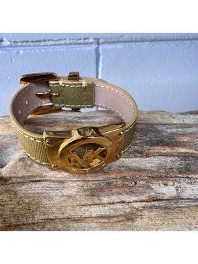 Michael Kors MKJ3867 Logo Plaque Bracelet Women Olive Khaki Fabric Strap Gold